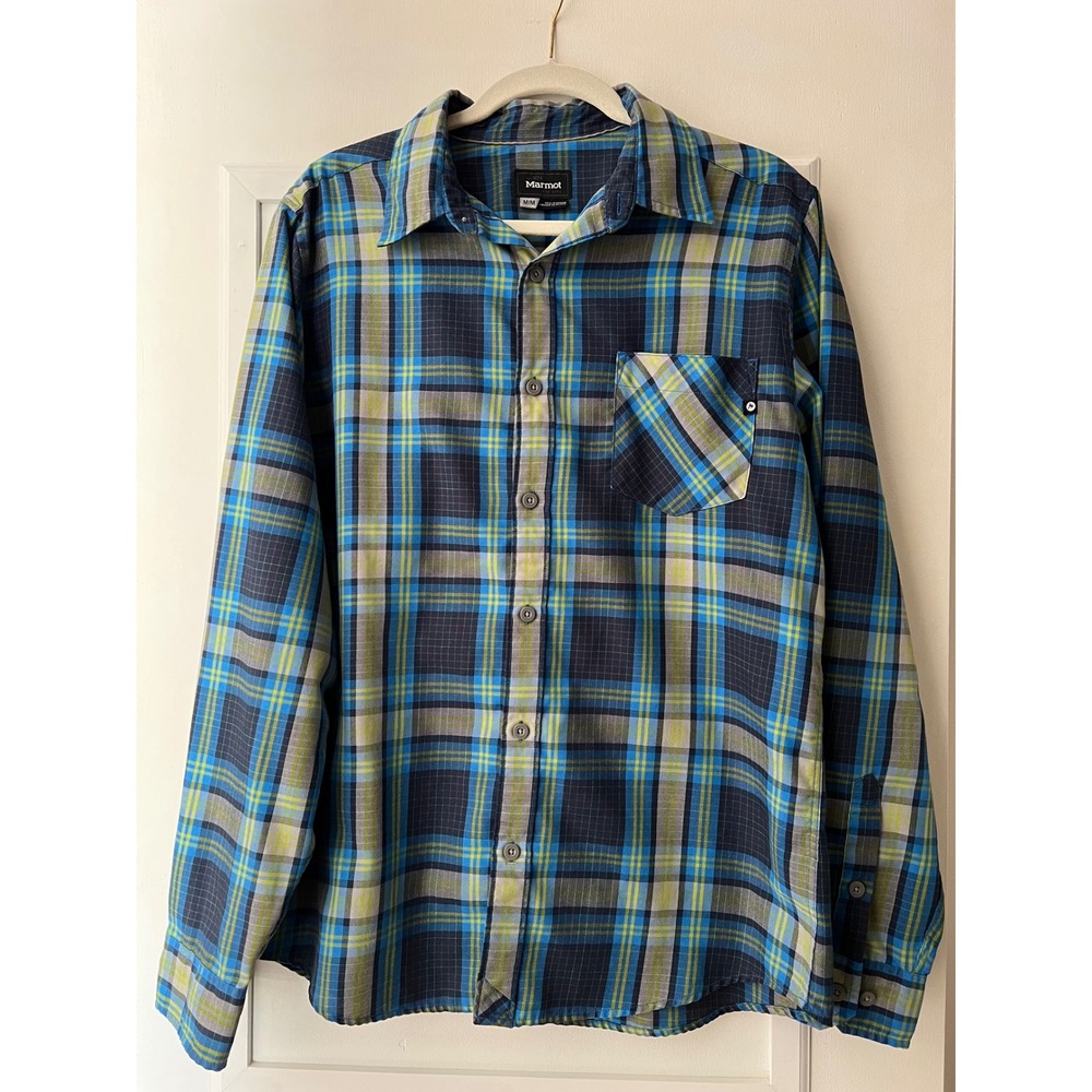 Marmot Mens Medium Blue Green Plaid Long Sleeve Button Down Outdoor Hiking Shirt